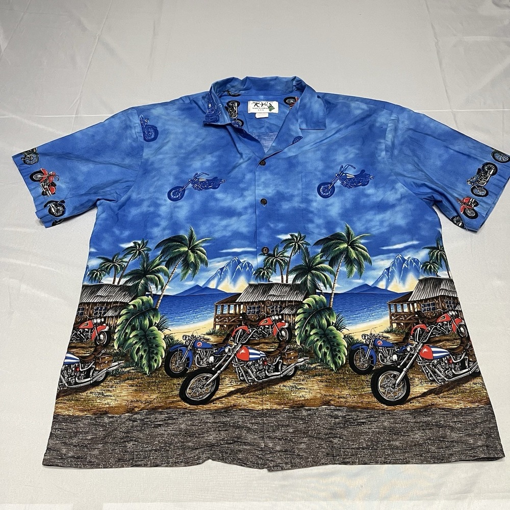 Vintage KY's Hawaiian Shirt Mens XL Motorcycle Tropical AOP Floral 90s